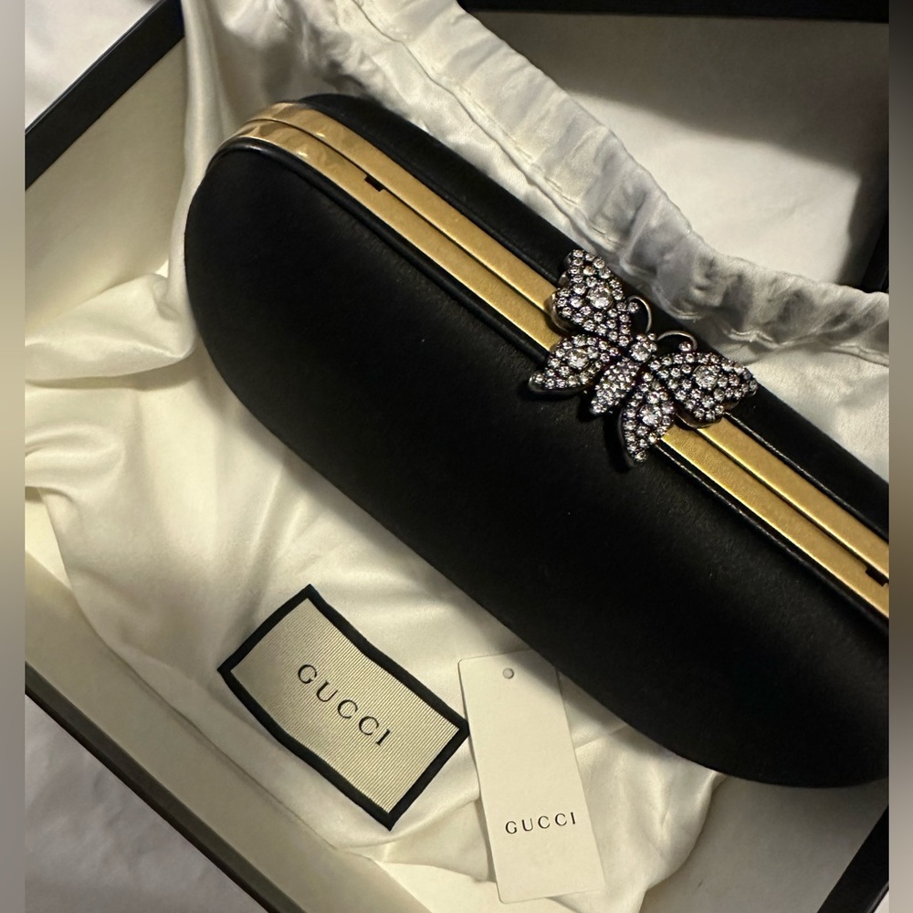 Gucci Broadway Black Satin Crystal Butterfly Chain Clutch